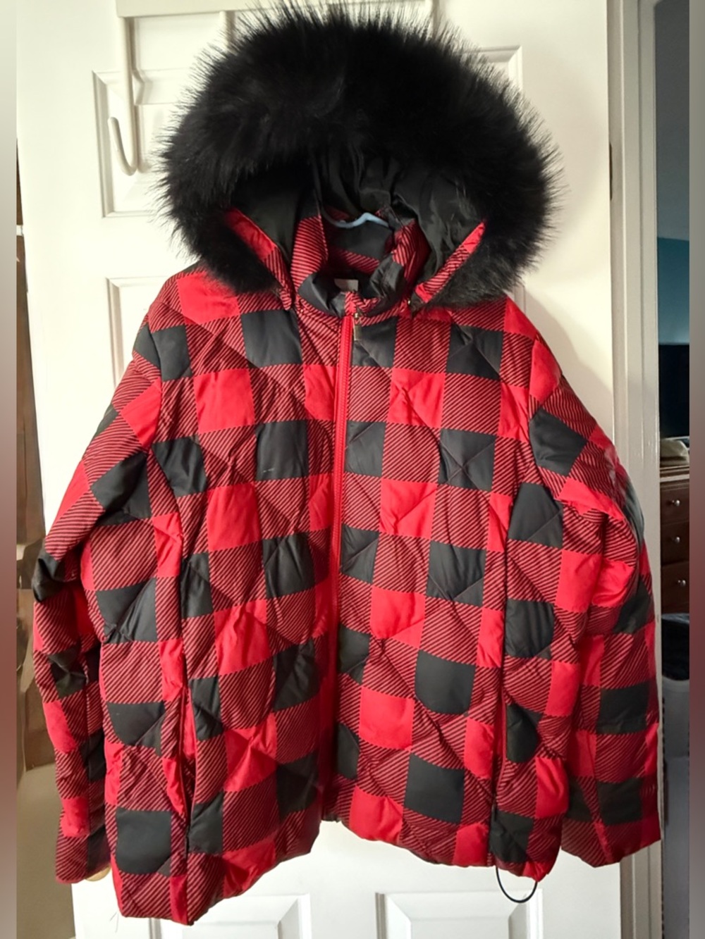 Columbia Red and Black Buffalo Plaid Puffer Coat with Faux Fur Hood